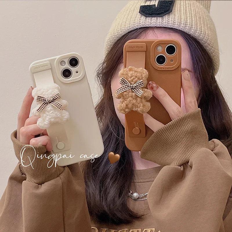 TSP11 Cute Phone Cases for iPhone 15, 14, 13, 12 Pro Max 11 MiNi  X XR XS 7 Plus SE - With 3D Cartoon Bear Wrist Strap - Touchy Style