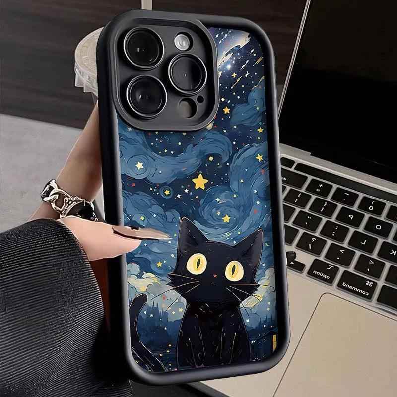 TSP137 Cute Phone Cases For 15, 14, 13, 12, 11, Pro Max, XS, XR, X, 8, 7 Plus, SE2, 14Pro, and 15Pro - Starry Sky With Cat Pattern - Touchy Style