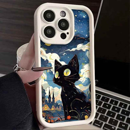 TSP138 Cute Phone Cases For iPhone 15, 14, 13, 12, 11, Pro Max, XS, XR, X, 8, 7 Plus, SE2, 14Pro, and 15Pro - Starry Sky With Cat Pattern - Touchy Style