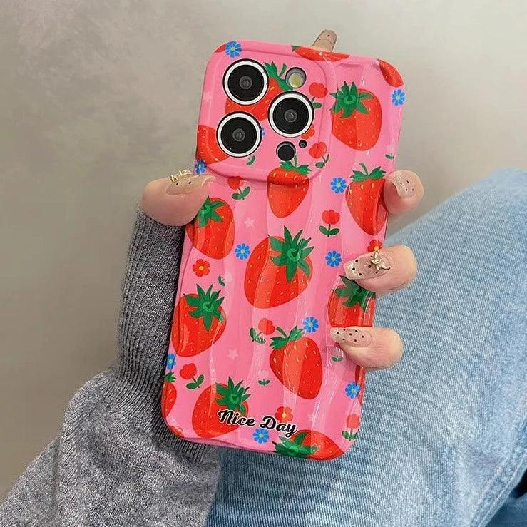 TSP18 Cute Phone Cases for iPhone 11, 12, 13, 14, and 15 Pro Max - Strawberry 3D Wave Glossy Cover - Touchy Style