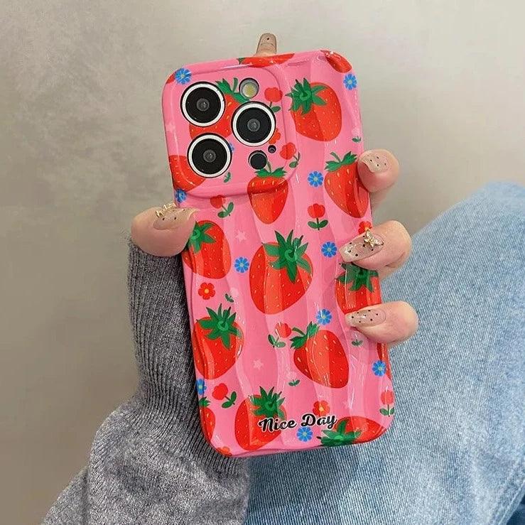 TSP18 Cute Phone Cases for iPhone 11, 12, 13, 14, and 15 Pro Max - Strawberry 3D Wave Glossy Cover - Touchy Style