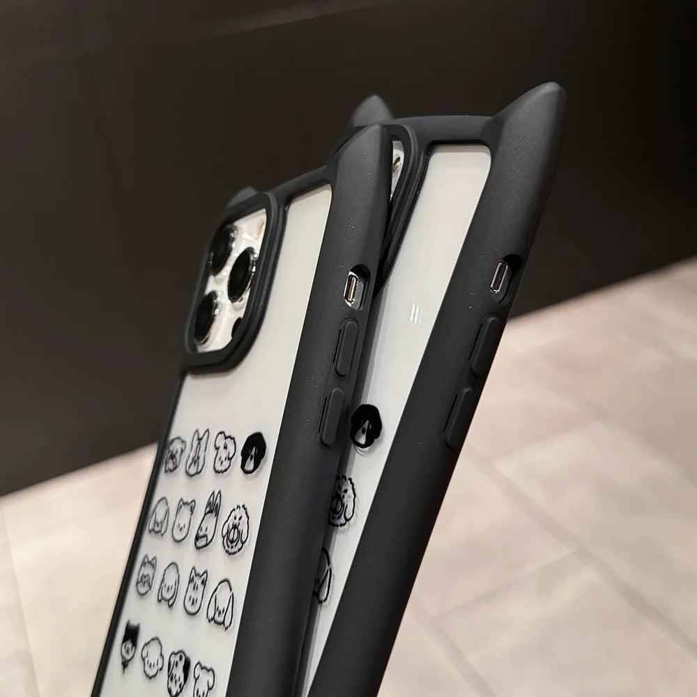 TSP180 Cute Phone Cases for iPhone 11, 12, 13, 14, and 15 Pro Max - Cat Ears and Funny Dogs Pattern - Transparent Cover - Touchy Style