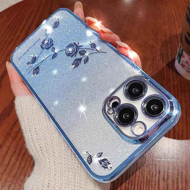 TSP183 Cute Phone Cases For iPhone 15, 14, 11, 12, 13 Pro Max, Mini, XS, XR, X, 7, and 8 Plus - Glitter Rhinestones Flowers Pattern - Touchy Style