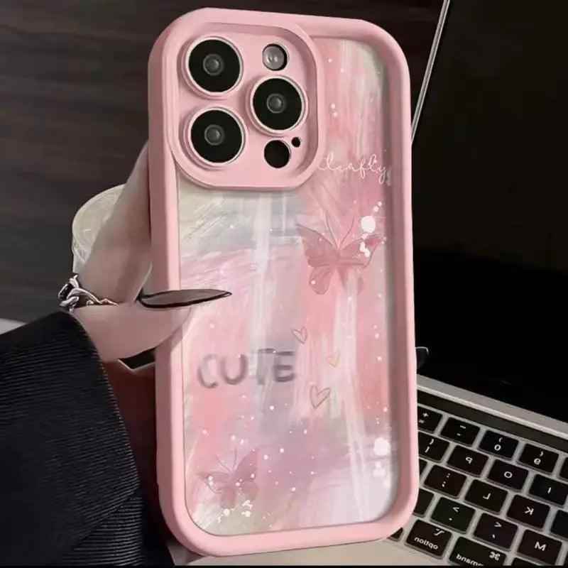 TSP188 Cute Phone Cases for iPhone models 15, 14, 11, 12, 13, Pro Max, Mini, X, XS, XR, 7, 8 Plus, and SE2 - Pink Gradient Butterfly Cover - Touchy Style