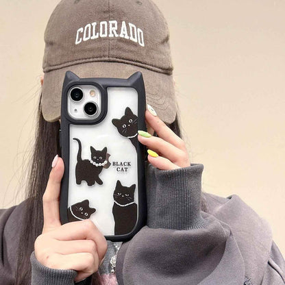 TSP196 Cute Phone Cases for iPhone 15, 14, 13, 12, and Pro Max 11 - Transparent Black Cat Ears Pattern - Touchy Style