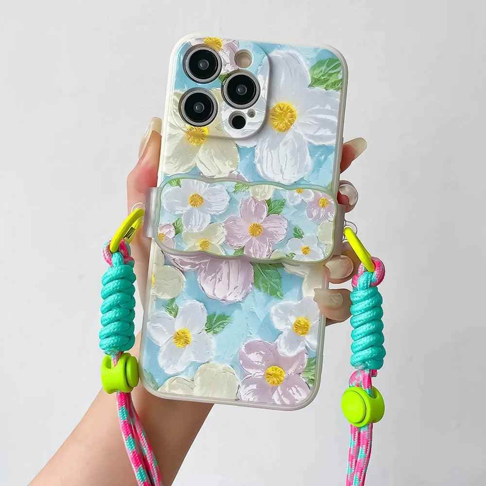 TSP201 Cute Phone Cases For iPhone 15, 14, 13, 12, 11 Pro Max, X, XR, XS Max, 8, 7 Plus, and SE - Flower Back Cover With Lanyard Crossbody - Touchy Style