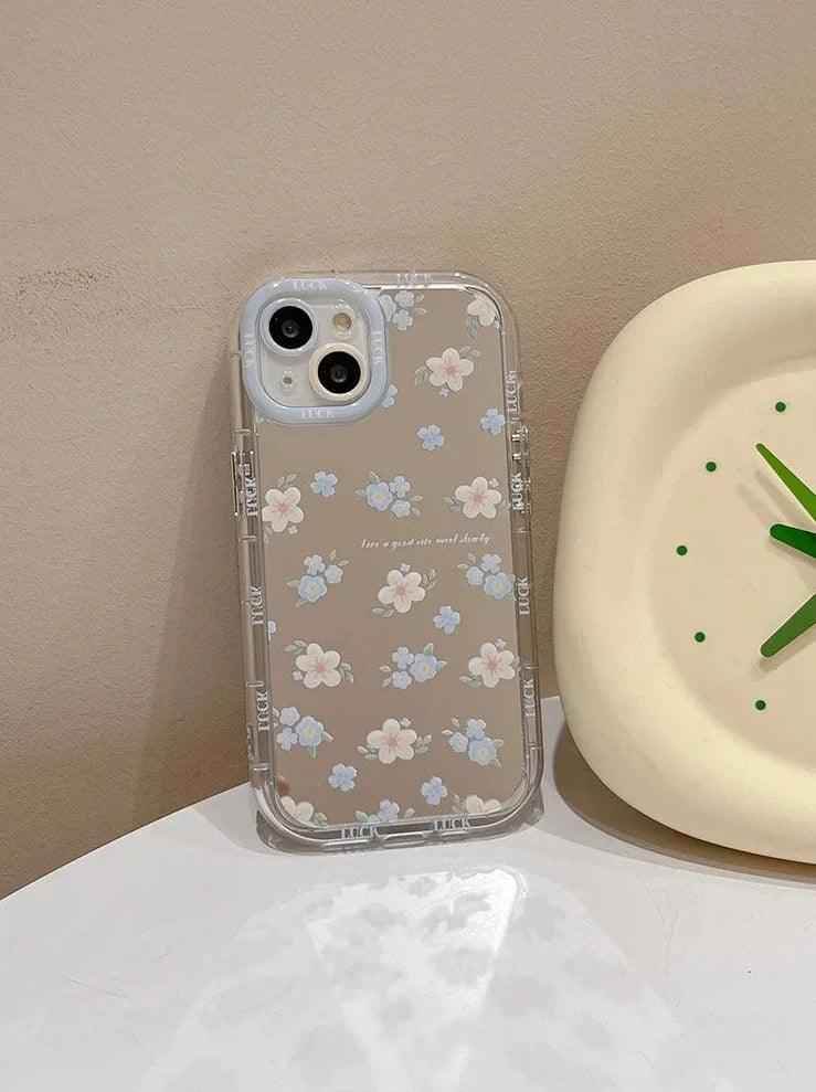 TSP22 Cute Phone Cases for iPhone 15 Pro Max, 14, 13, 11, and 12 - Blue Flowers Mirror Hard Cover - Touchy Style