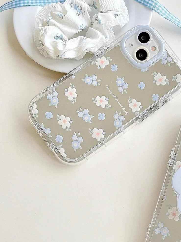 TSP22 Cute Phone Cases for iPhone 15 Pro Max, 14, 13, 11, and 12 - Blue Flowers Mirror Hard Cover - Touchy Style