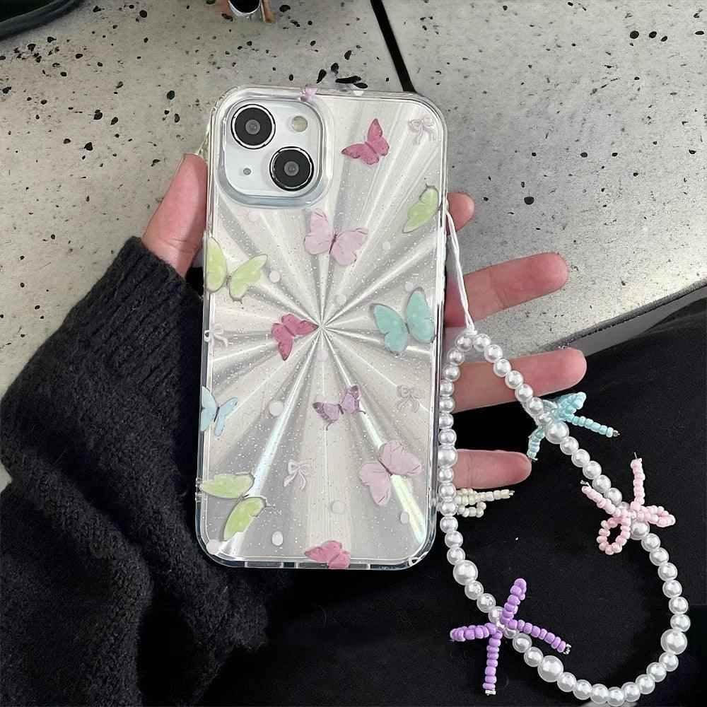 TSP3 Cute Phone Case for iPhone 15, 14, 13, and 12 Pro Max - Laser Colorful Pattern and Pearl Bow Bracelet - Touchy Style