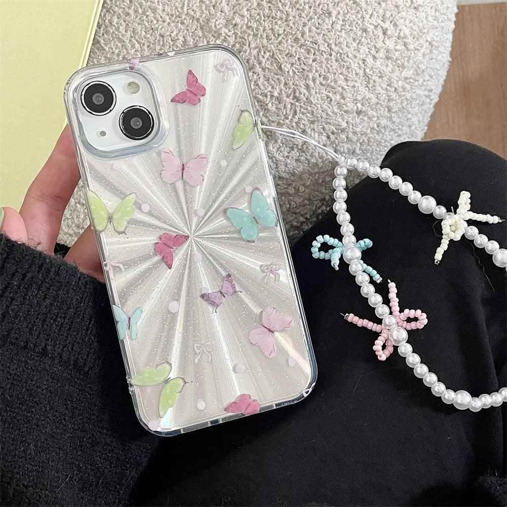 TSP3 Cute Phone Case for iPhone 15, 14, 13, and 12 Pro Max - Laser Colorful Pattern and Pearl Bow Bracelet - Touchy Style