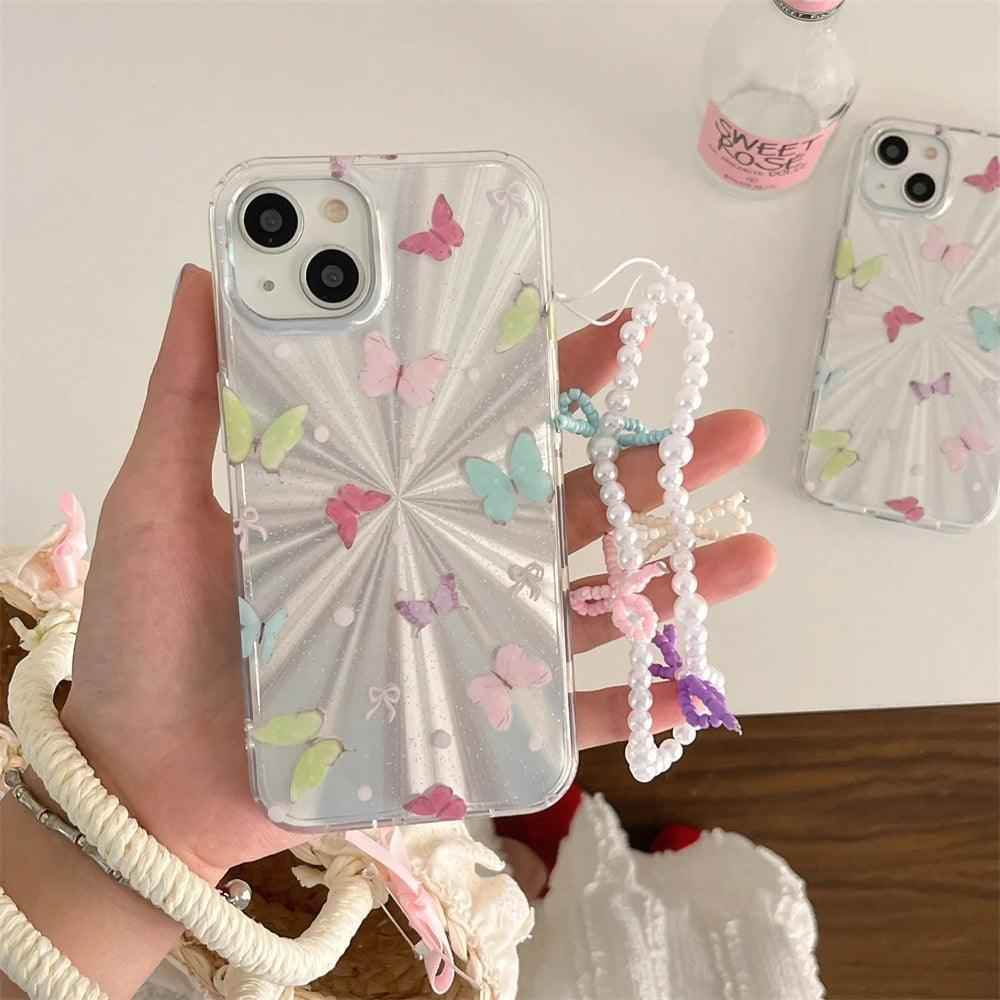 TSP3 Cute Phone Case for iPhone 15, 14, 13, and 12 Pro Max - Laser Colorful Pattern and Pearl Bow Bracelet - Touchy Style