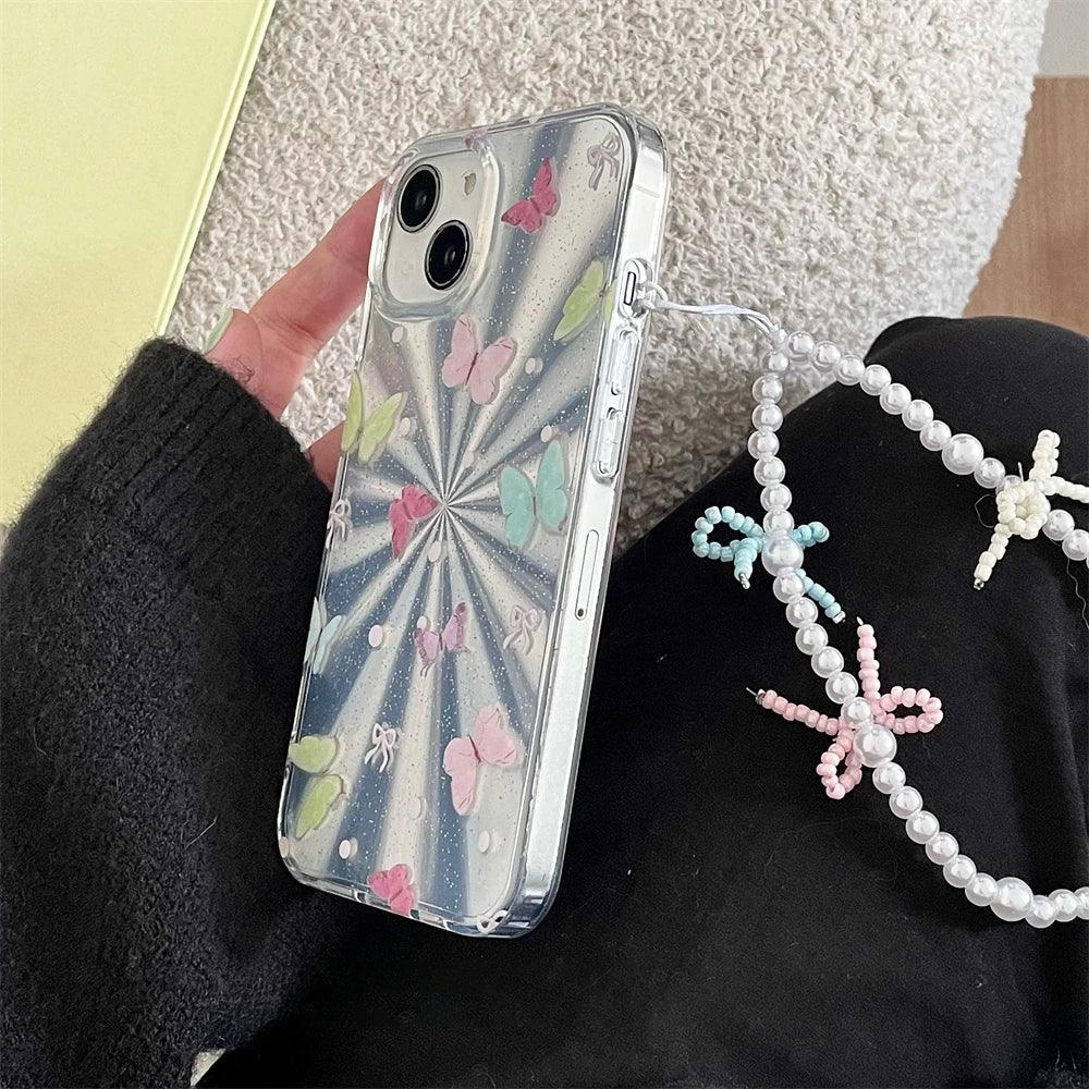 TSP3 Cute Phone Case for iPhone 15, 14, 13, and 12 Pro Max - Laser Colorful Pattern and Pearl Bow Bracelet - Touchy Style