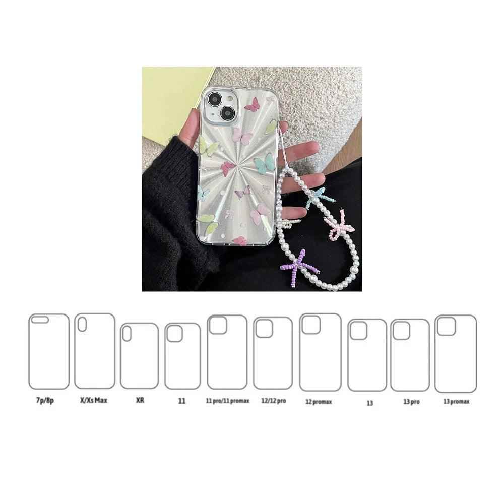 TSP3 Cute Phone Case for iPhone 15, 14, 13, and 12 Pro Max - Laser Colorful Pattern and Pearl Bow Bracelet - Touchy Style