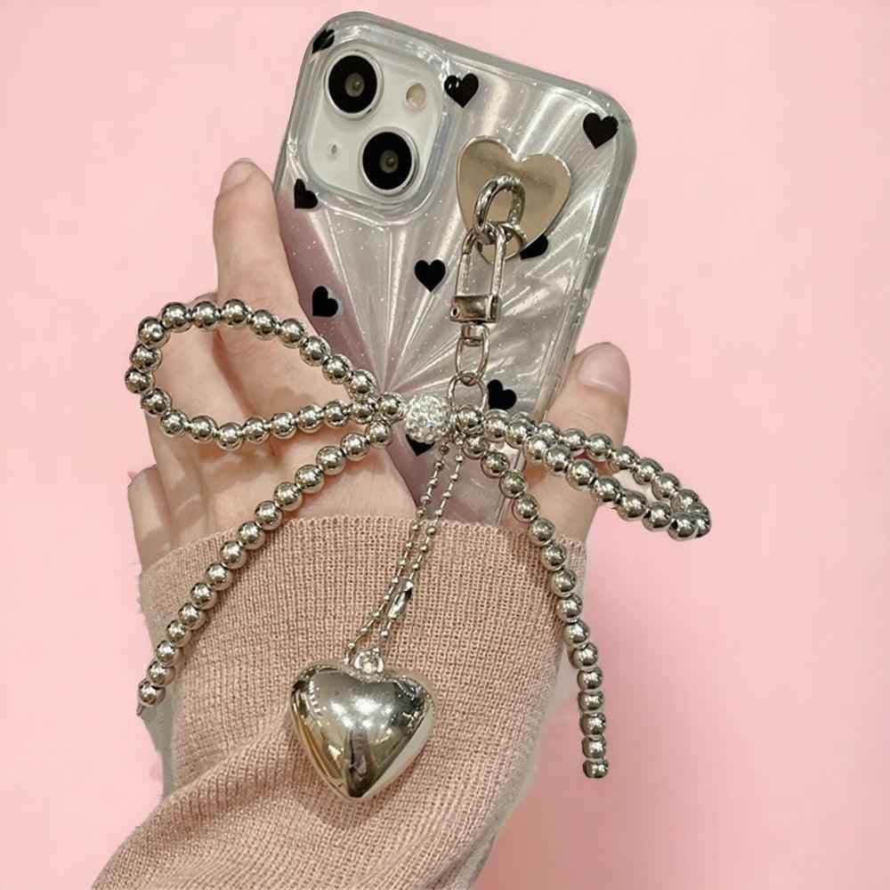 TSP4 Cute Phone Case For iPhone 15, 14, 13, 12 Pro Max, 11 - Laser Heart and Polka Dot Pattern and Bowknot Pendant - Touchy Style