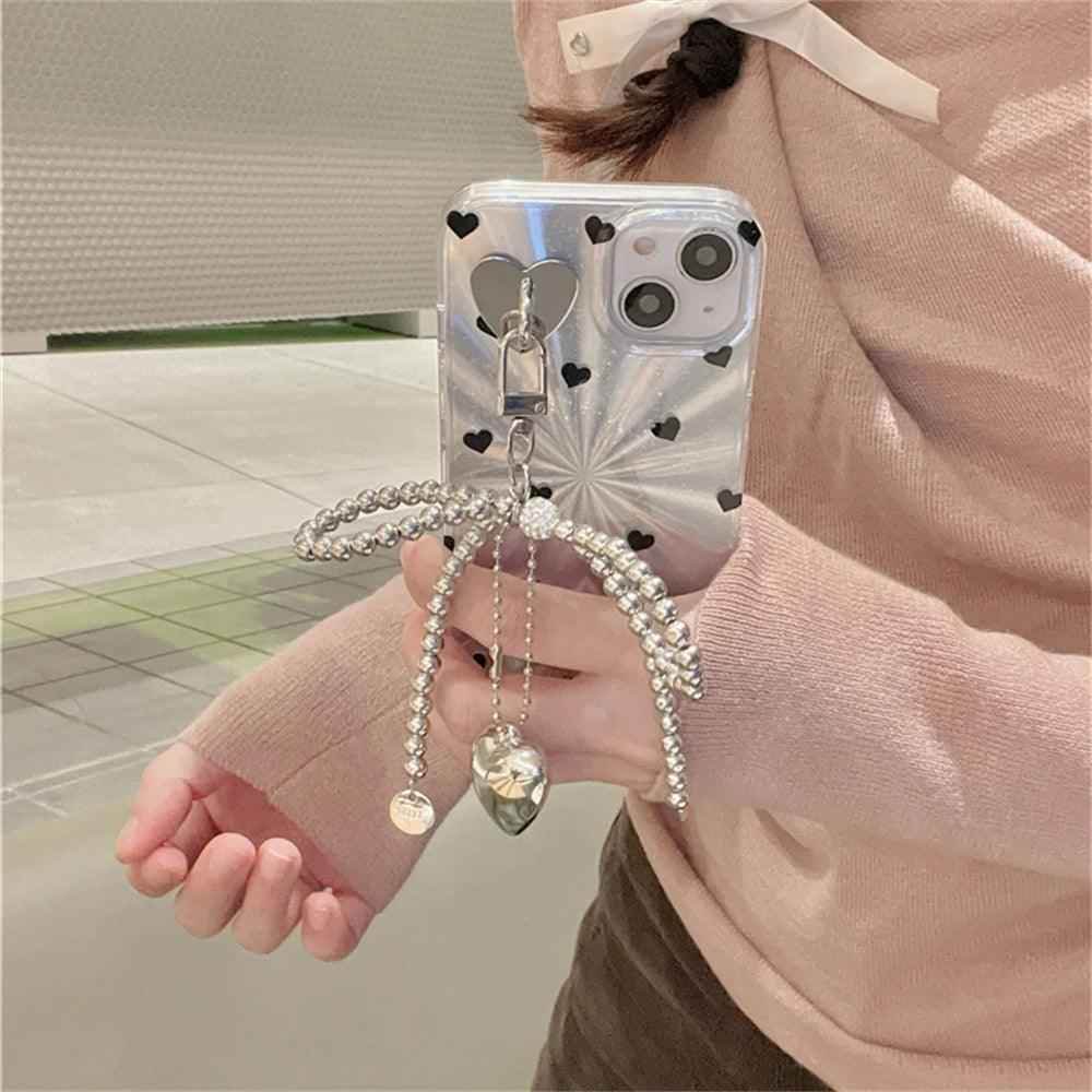 TSP4 Cute Phone Case For iPhone 15, 14, 13, 12 Pro Max, 11 - Laser Heart and Polka Dot Pattern and Bowknot Pendant - Touchy Style