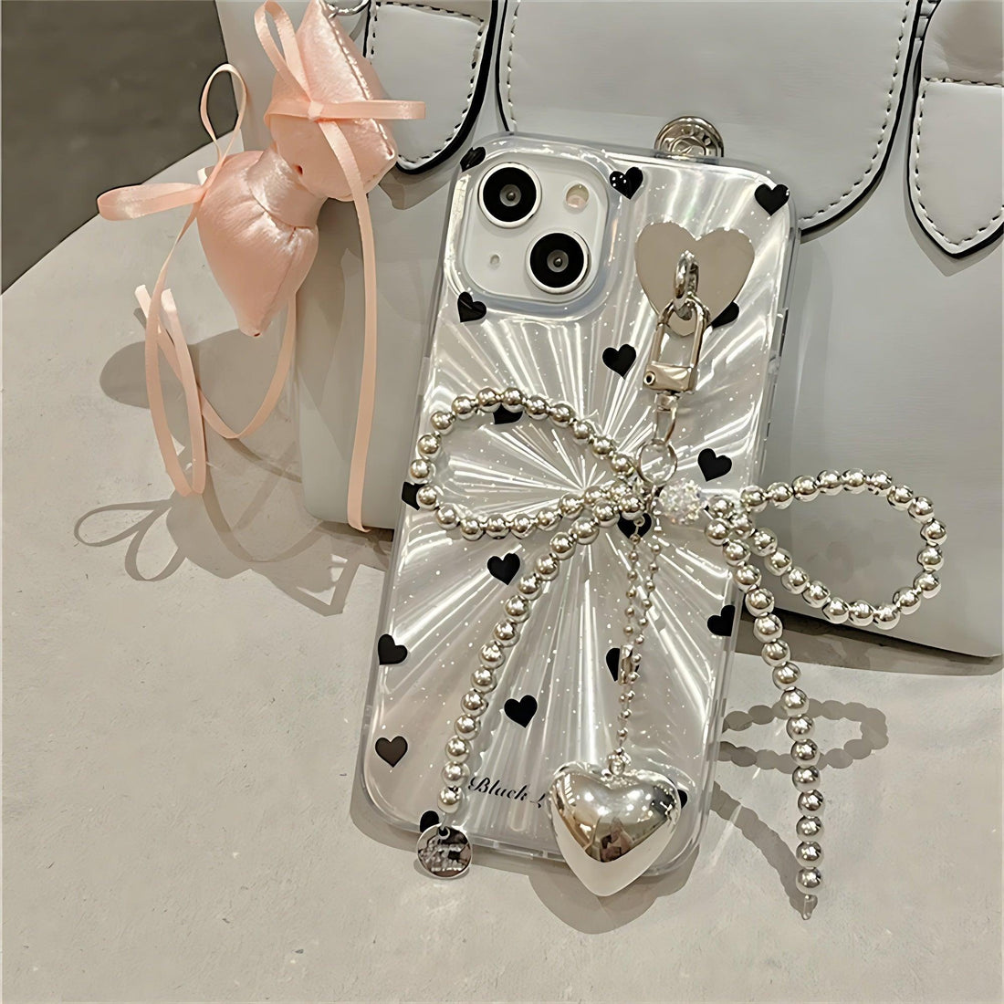 TSP4 Cute Phone Case For iPhone 15, 14, 13, 12 Pro Max, 11 - Laser Heart and Polka Dot Pattern and Bowknot Pendant - Touchy Style