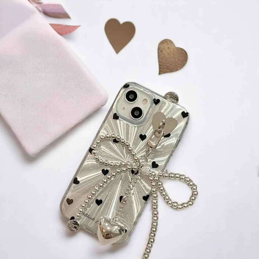 TSP4 Cute Phone Case For iPhone 15, 14, 13, 12 Pro Max, 11 - Laser Heart and Polka Dot Pattern and Bowknot Pendant - Touchy Style