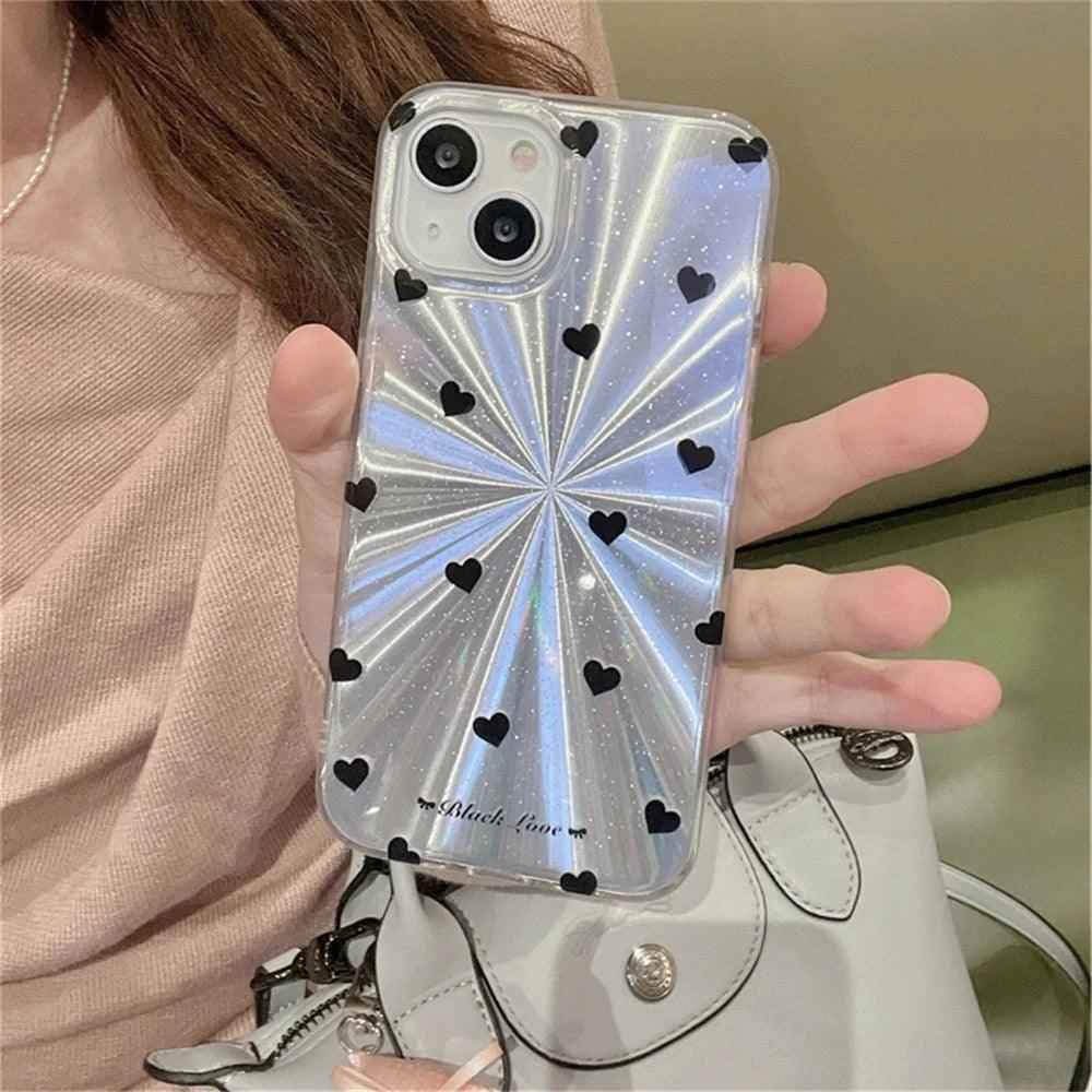 TSP4 Cute Phone Case For iPhone 15, 14, 13, 12 Pro Max, 11 - Laser Heart and Polka Dot Pattern and Bowknot Pendant - Touchy Style