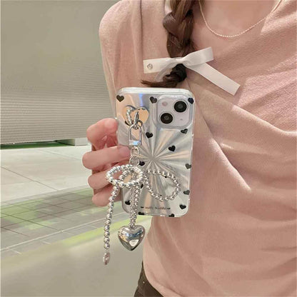 TSP4 Cute Phone Case For iPhone 15, 14, 13, 12 Pro Max, 11 - Laser Heart and Polka Dot Pattern and Bowknot Pendant - Touchy Style