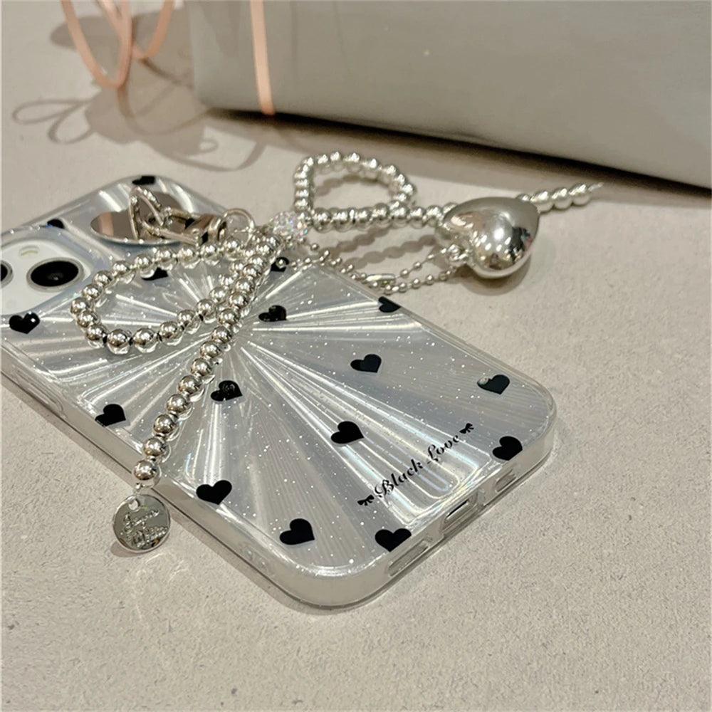 TSP4 Cute Phone Case For iPhone 15, 14, 13, 12 Pro Max, 11 - Laser Heart and Polka Dot Pattern and Bowknot Pendant - Touchy Style