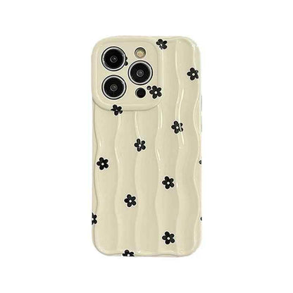 TSP49 Cute Phone Cases For iPhone 13, 11, 12, 14, and 15 Pro Max - Black Flowers 3D Wavy Pattern - Touchy Style