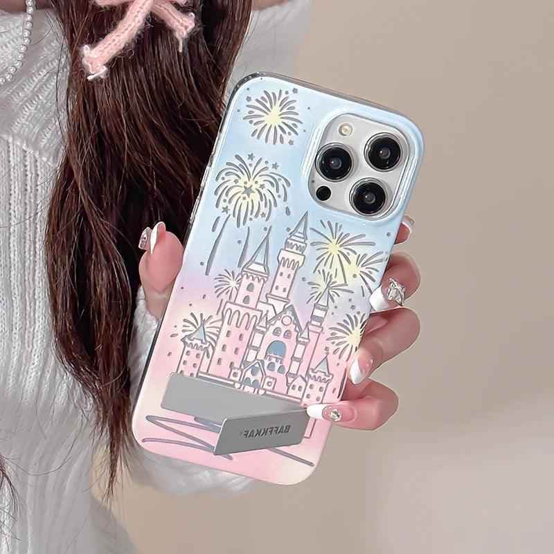 TSP58 Cute Phone Cases For iPhone 15 Pro Max, 14, 13, and 12 Pro Max - Fireworks Castle Design - With Holder Stand - Touchy Style