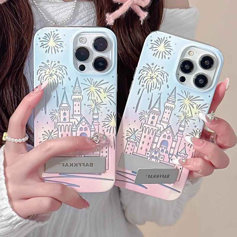 TSP58 Cute Phone Cases For iPhone 15 Pro Max, 14, 13, and 12 Pro Max - Fireworks Castle Design - With Holder Stand - Touchy Style