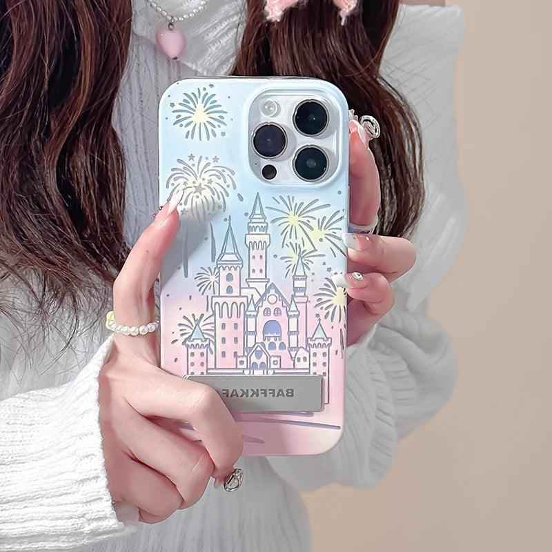 TSP58 Cute Phone Cases For iPhone 15 Pro Max, 14, 13, and 12 Pro Max - Fireworks Castle Design - With Holder Stand - Touchy Style