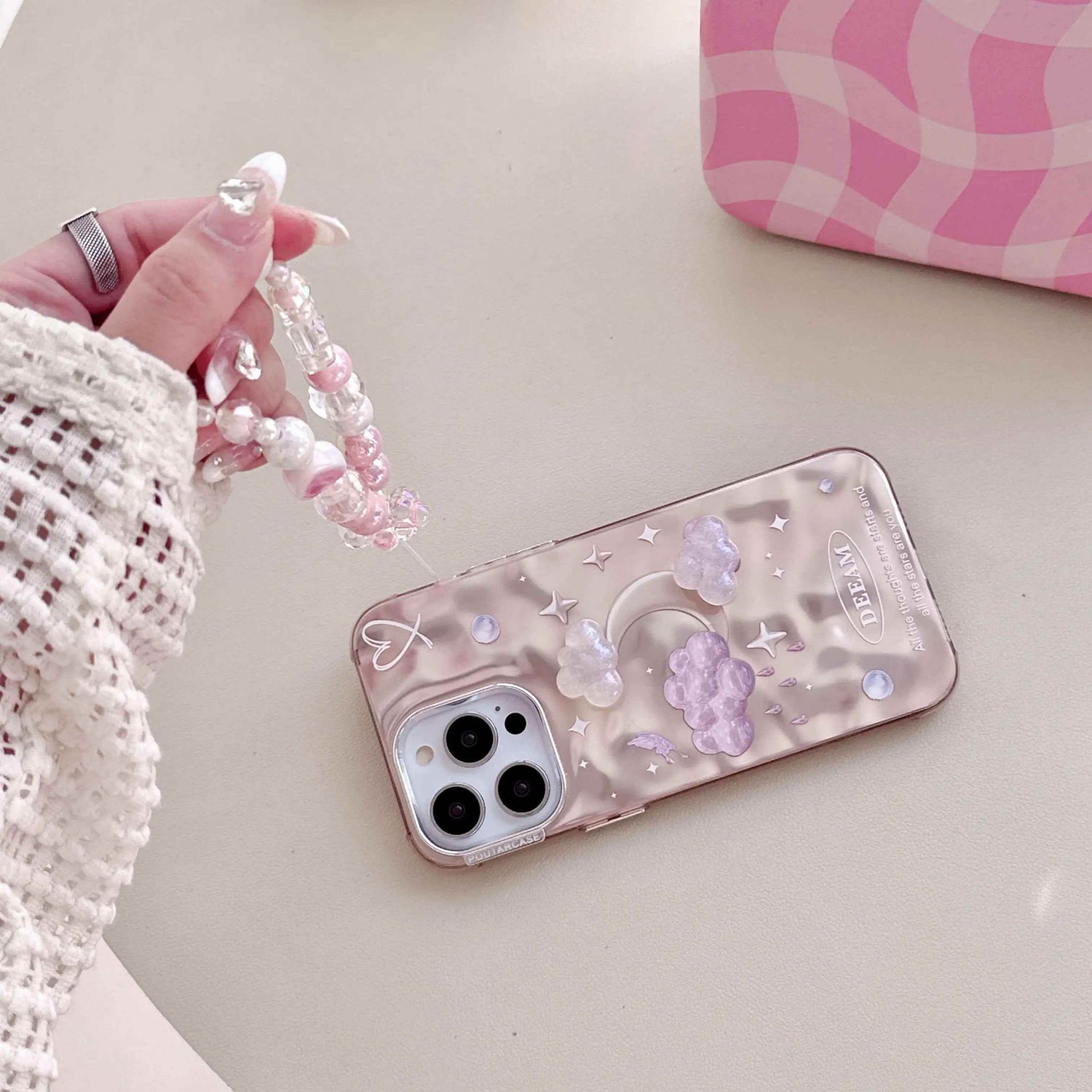 TSP63 Cute Phone Case For iPhone 15 Pro Max, 14, 13, or 11 - Plating 3D Dreamy Pearl, Stars, Clouds, and Moon Design - Touchy Style