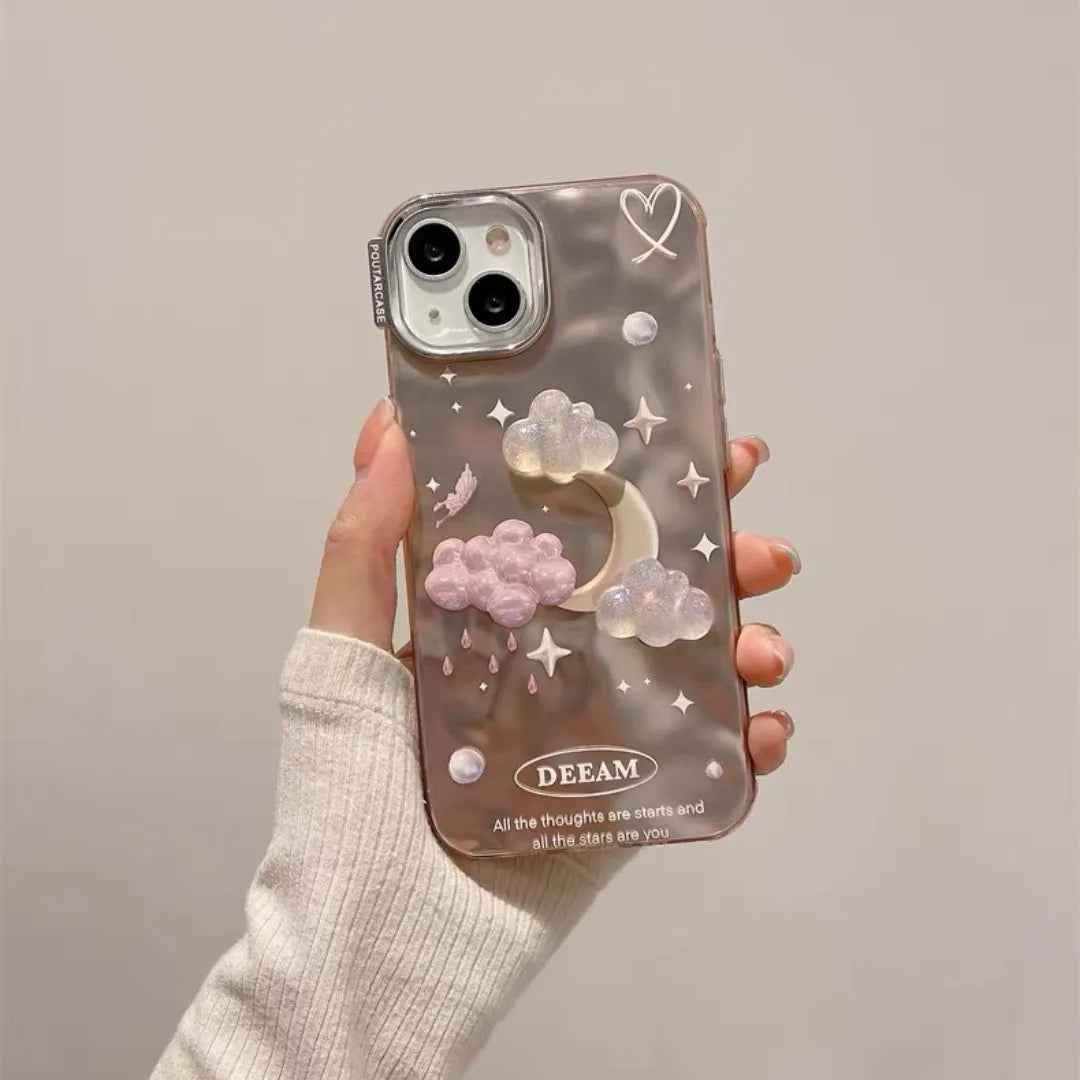 TSP63 Cute Phone Case For iPhone 15 Pro Max, 14, 13, or 11 - Plating 3D Dreamy Pearl, Stars, Clouds, and Moon Design - Touchy Style