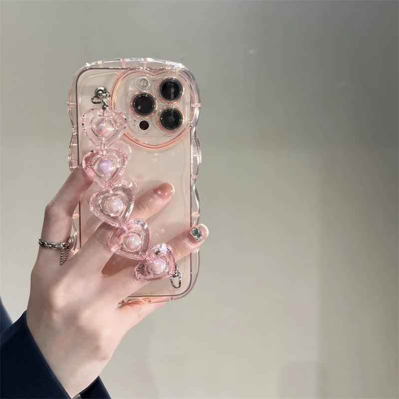 TSP7 Cute Phone Case for iPhone 15, 14, 12, 13 Pro Max, 11, X, XR, or XS - Wavy Transparent Pattern With 3D Heart Wrist Chian - Touchy Style