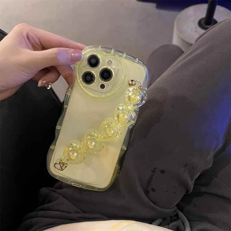 TSP7 Cute Phone Case for iPhone 15, 14, 12, 13 Pro Max, 11, X, XR, or XS - Wavy Transparent Pattern With 3D Heart Wrist Chian - Touchy Style