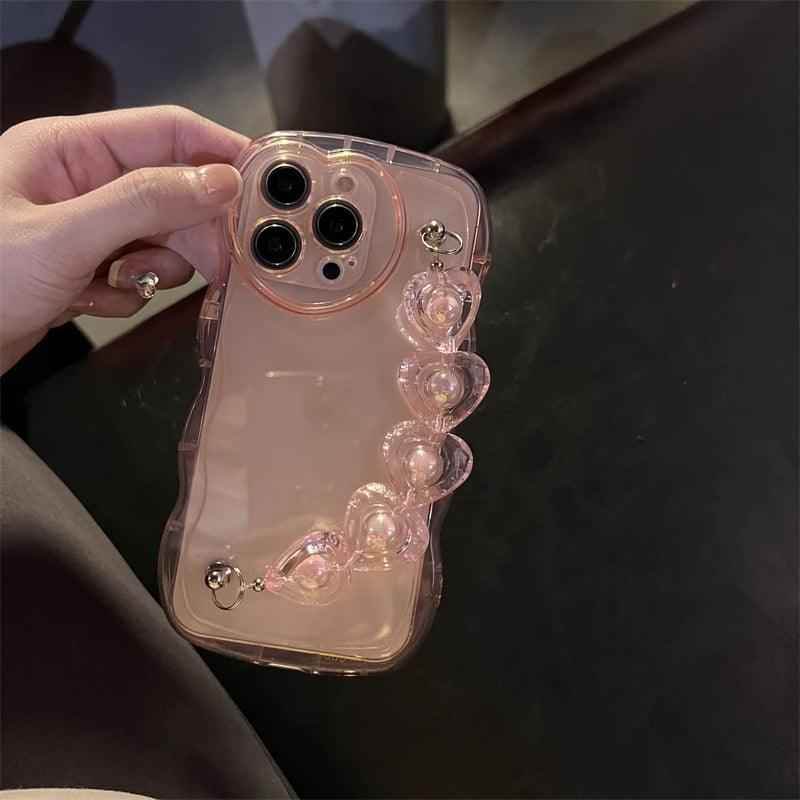 TSP7 Cute Phone Case for iPhone 15, 14, 12, 13 Pro Max, 11, X, XR, or XS - Wavy Transparent Pattern With 3D Heart Wrist Chian - Touchy Style