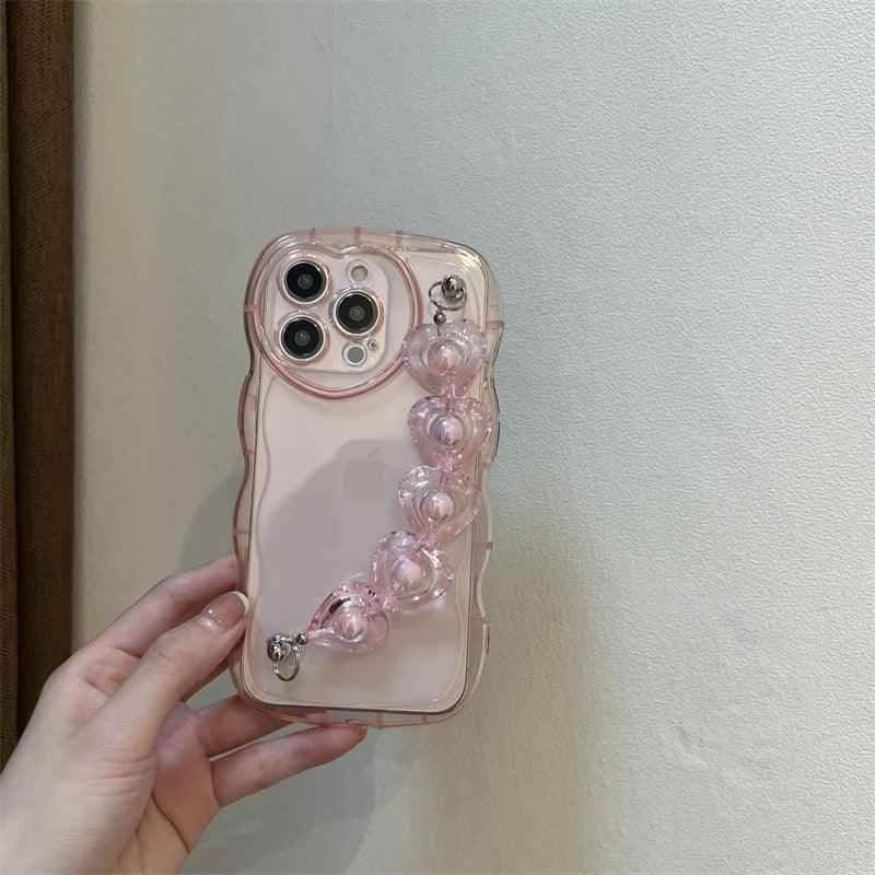 TSP7 Cute Phone Case for iPhone 15, 14, 12, 13 Pro Max, 11, X, XR, or XS - Wavy Transparent Pattern With 3D Heart Wrist Chian - Touchy Style