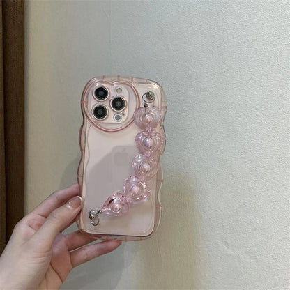 TSP7 Cute Phone Case for iPhone 15, 14, 12, 13 Pro Max, 11, X, XR, or XS - Wavy Transparent Pattern With 3D Heart Wrist Chian - Touchy Style