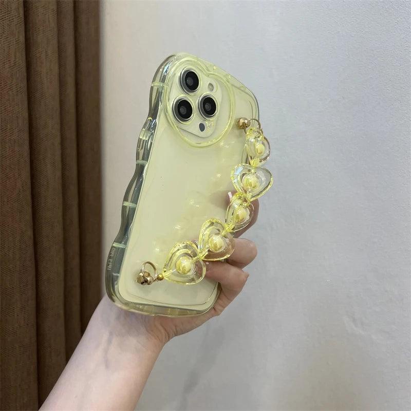 TSP7 Cute Phone Case for iPhone 15, 14, 12, 13 Pro Max, 11, X, XR, or XS - Wavy Transparent Pattern With 3D Heart Wrist Chian - Touchy Style