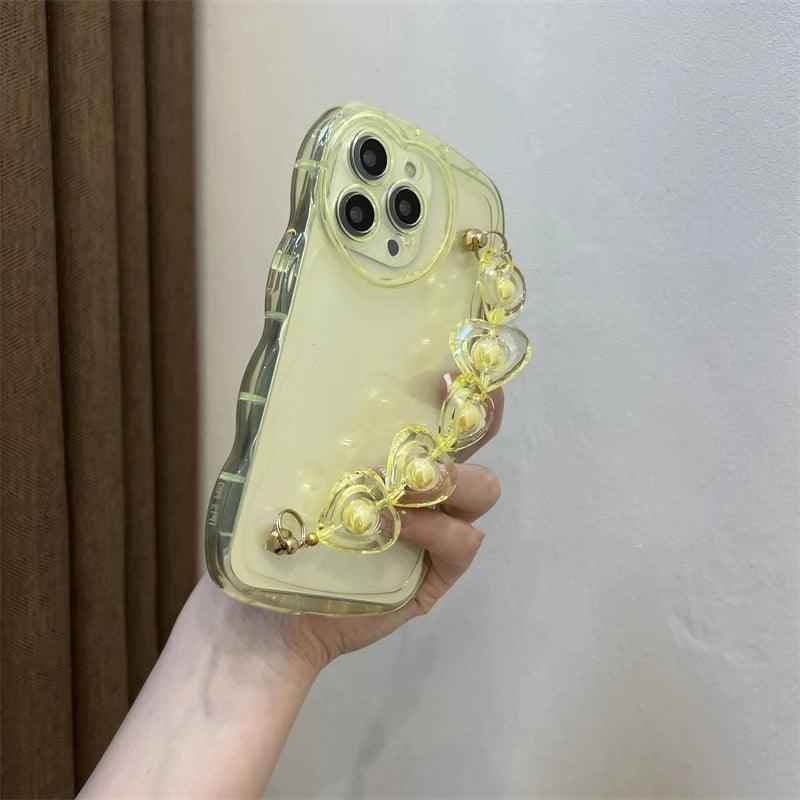 TSP7 Cute Phone Case for iPhone 15, 14, 12, 13 Pro Max, 11, X, XR, or XS - Wavy Transparent Pattern With 3D Heart Wrist Chian - Touchy Style