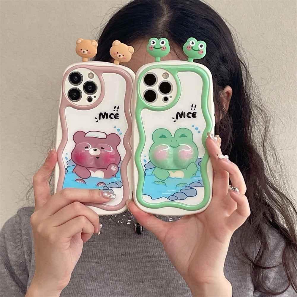 TSP88 Cute Phone Cases For iPhone 11, 12, 13, 14, 15 Pro Max - 3D Swimming Bear Frog Pattern - Wavy Cover - Touchy Style