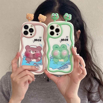 TSP88 Cute Phone Cases For iPhone 11, 12, 13, 14, 15 Pro Max - 3D Swimming Bear Frog Pattern - Wavy Cover - Touchy Style