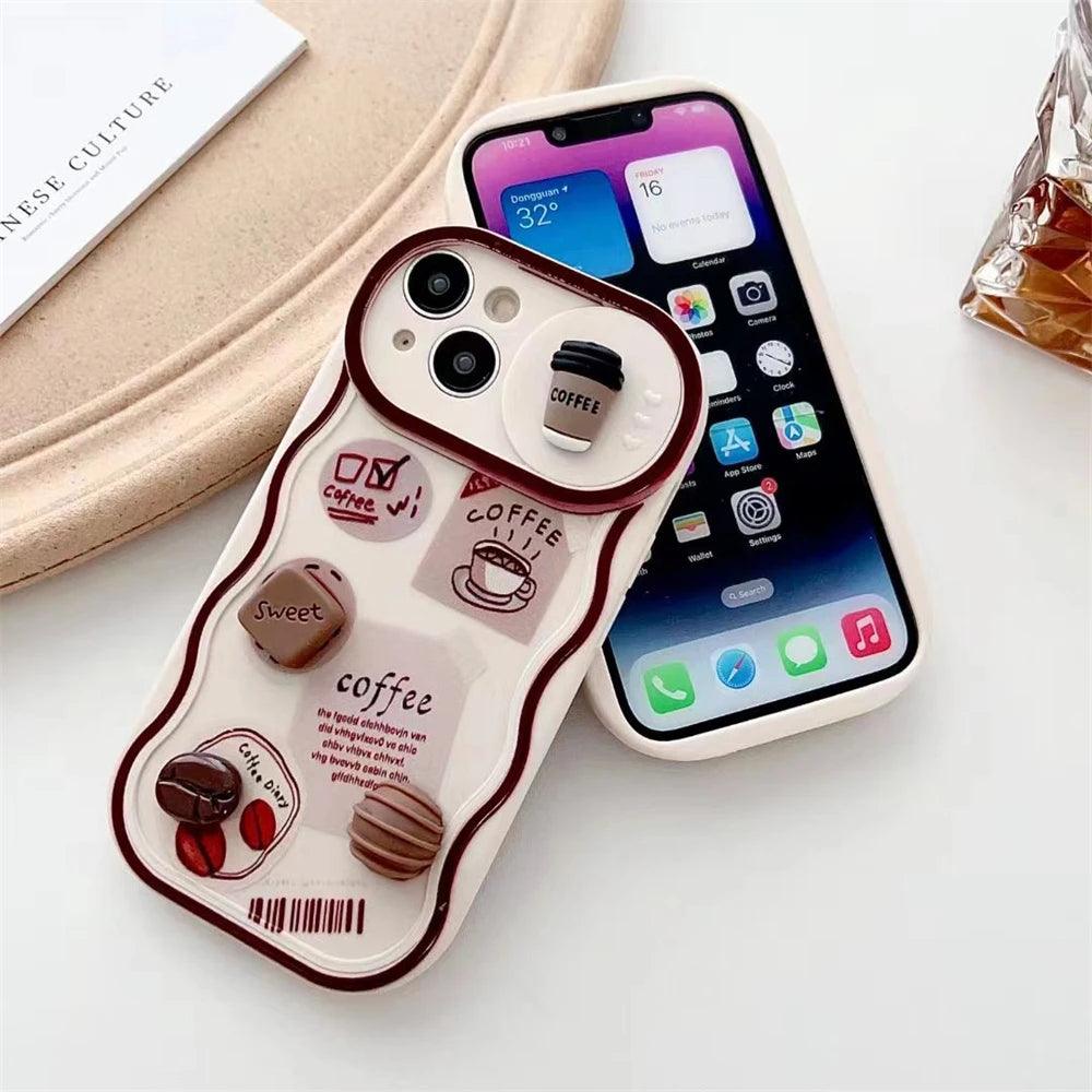 TSP9 Cute Phone Case for iPhone 15, 14 Pro Max, 13, 12, 11 X XS XR 7 8 Plus - Wavy Border 3D Cartoon Coffee Pattern - Touchy Style