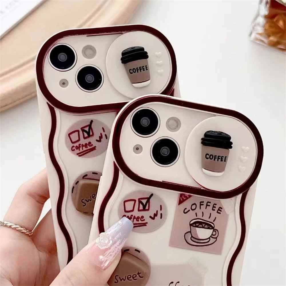 TSP9 Cute Phone Case for iPhone 15, 14 Pro Max, 13, 12, 11 X XS XR 7 8 Plus - Wavy Border 3D Cartoon Coffee Pattern - Touchy Style