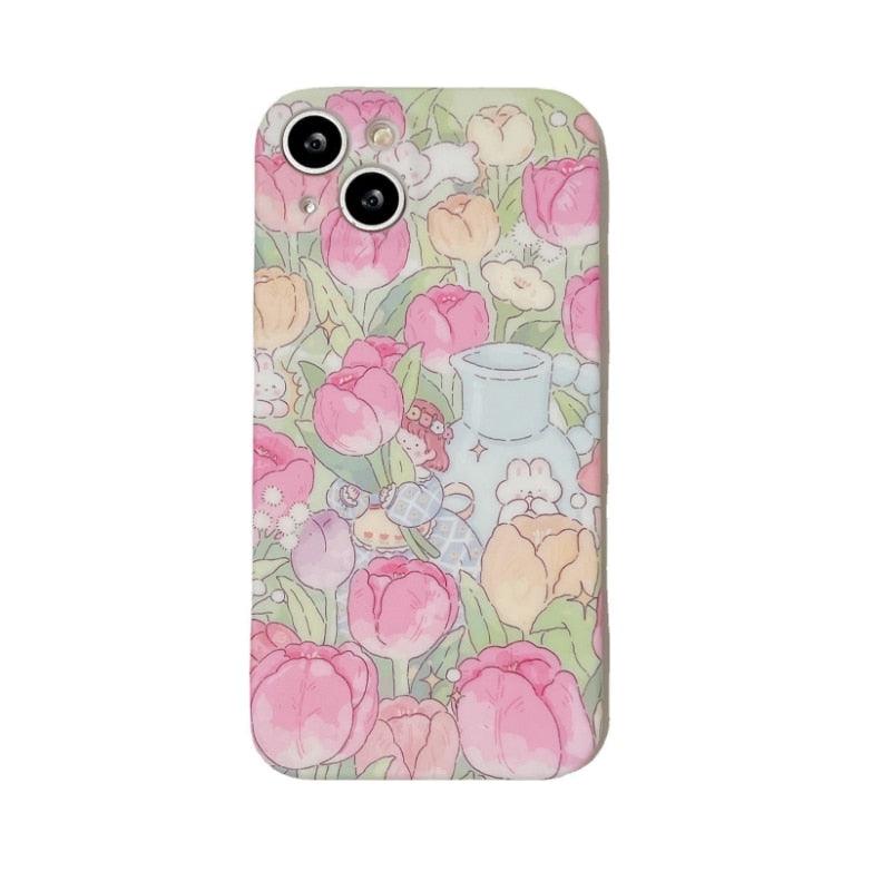 Tulip Garden Flowers Cute Phone Case - For iPhone 14, 13, 12, 11 Pro Max Cover - Touchy Style .
