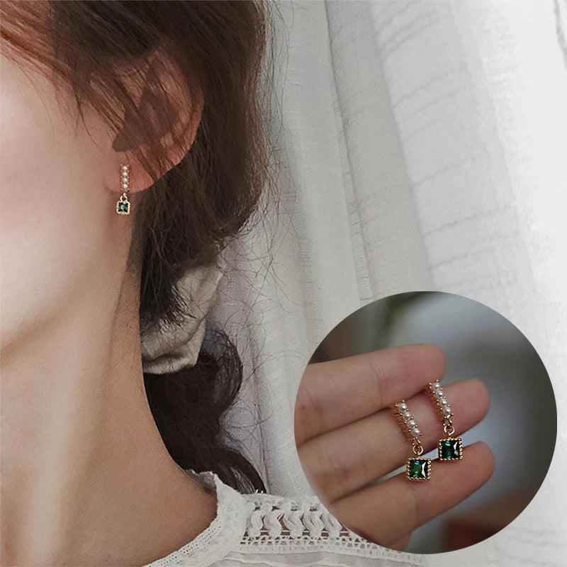 VBECJ123 Earring Charm Jewelry - 925 Sterling Silver Emerald Pearl Short Exquisite Simple Design - Touchy Style