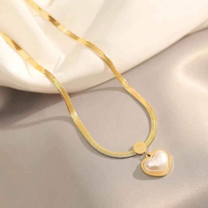 WB125 Pearl Heart Pendant Stainless Steel Necklace: Charm Jewelry - Touchy Style .