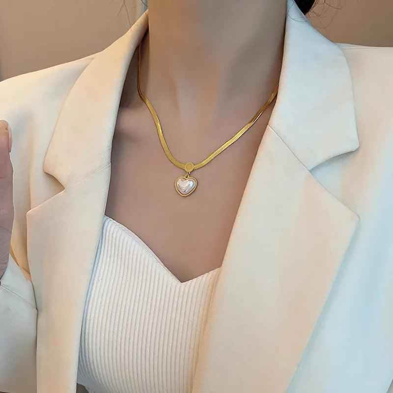 WB125 Pearl Heart Pendant Stainless Steel Necklace: Charm Jewelry - Touchy Style