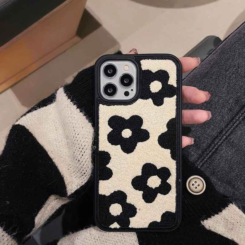 Winter Plush Cute Phone Cases for iPhone 16 15 14 13 Pro 12 11 7 8 X XR XS Max Black Flowers - Touchy Style