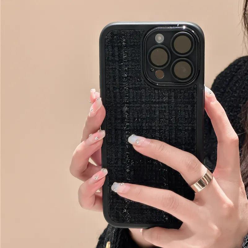 Winter Plush Embroidered Phone Case For iPhone 15 13 12 11 Pro Max XR XS Max 14Pro Shining Weave Lattice Camera Protection Cover - Touchy Style .