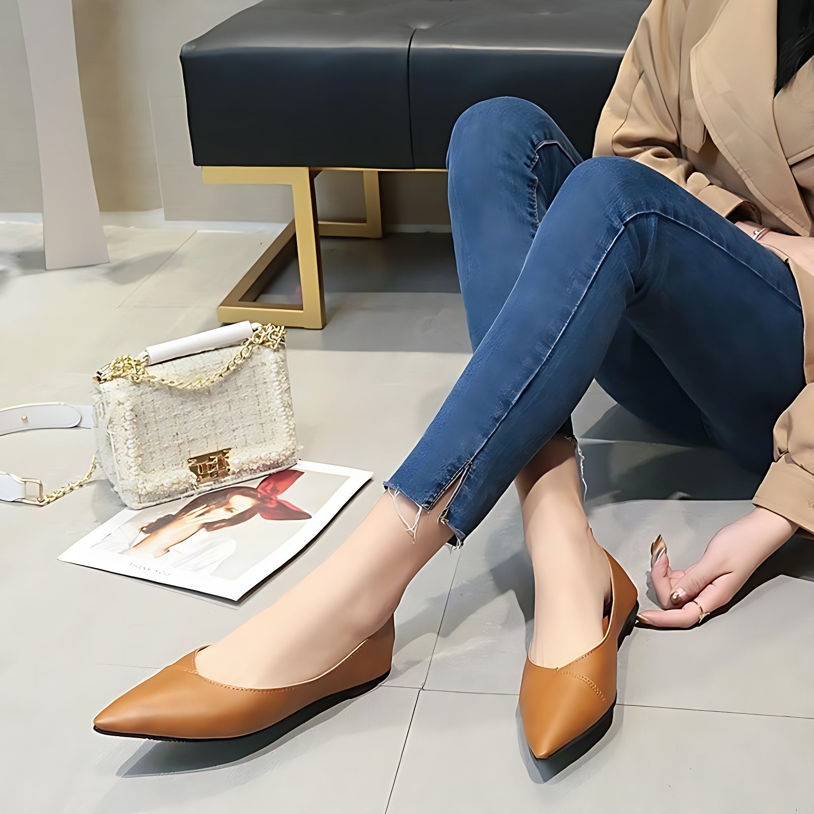 Women's Casual Shoes 2021 Soft PU Leather Ballet Flats Pointed Toe Shallow Mouth Slip-on Ladies Loafer - Touchy Style .
