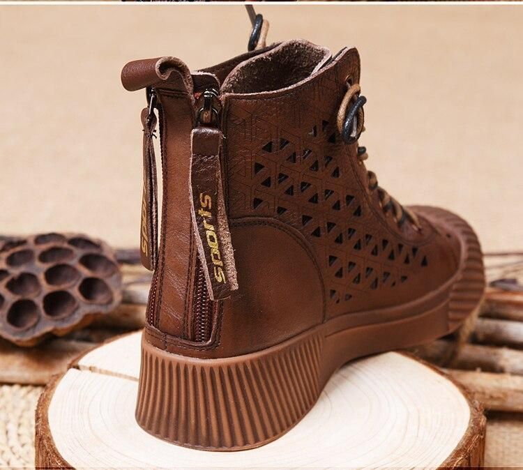 Women's Casual Shoes Hollow Out Ankle Boots Genuine Leather Low Square Heel Boots Breathable - Touchy Style .