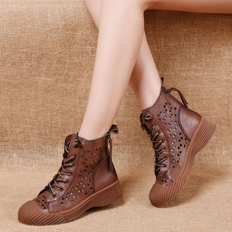 Women's Casual Shoes Hollow Out Ankle Boots Genuine Leather Low Square Heel Boots Breathable - Touchy Style .